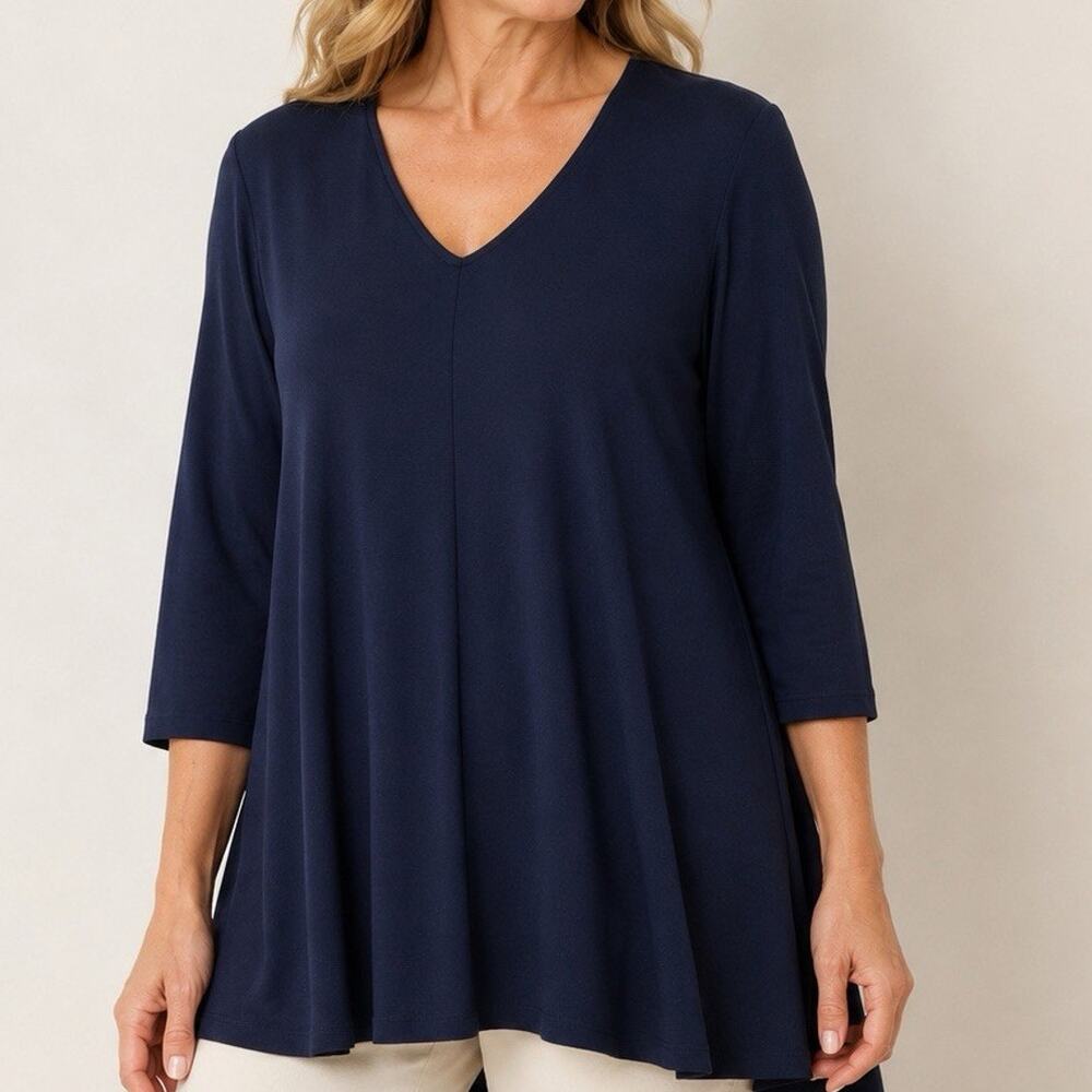 Comfy USA V Neck Top Large Navy Modal Knit 3/4 Sleeve Pullover Casual Lagenlook